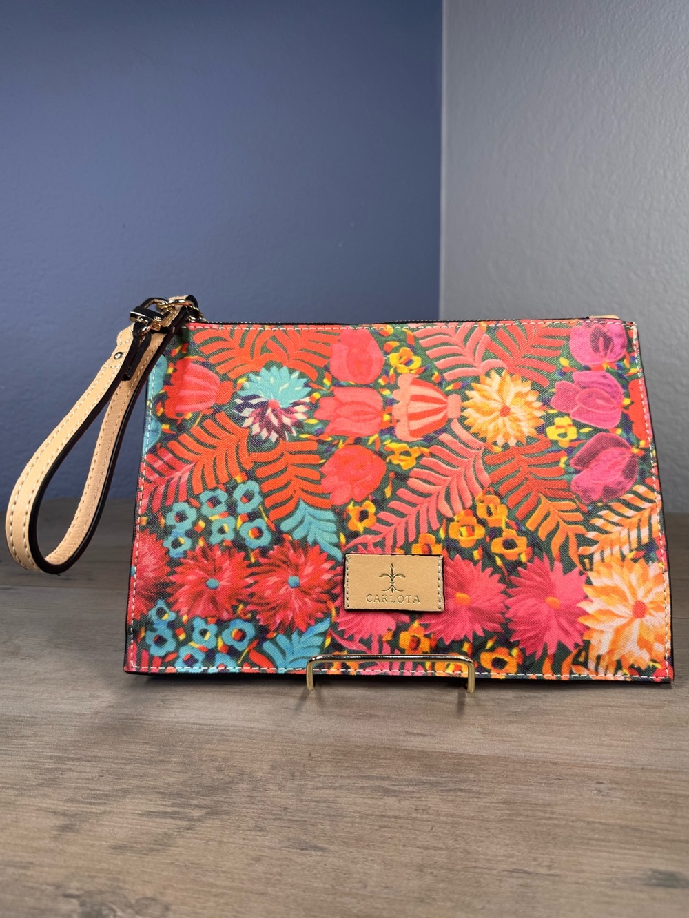 Carlota Floral Wristlet Clutch Wallet Botanical Zip Pouch 9.5x7 Made Mexico